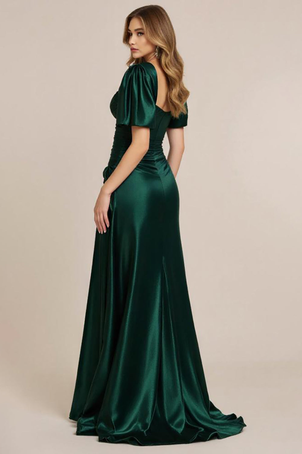 Elegant Dark Green A Line Ruched Long Satin Prom Dress with Slit