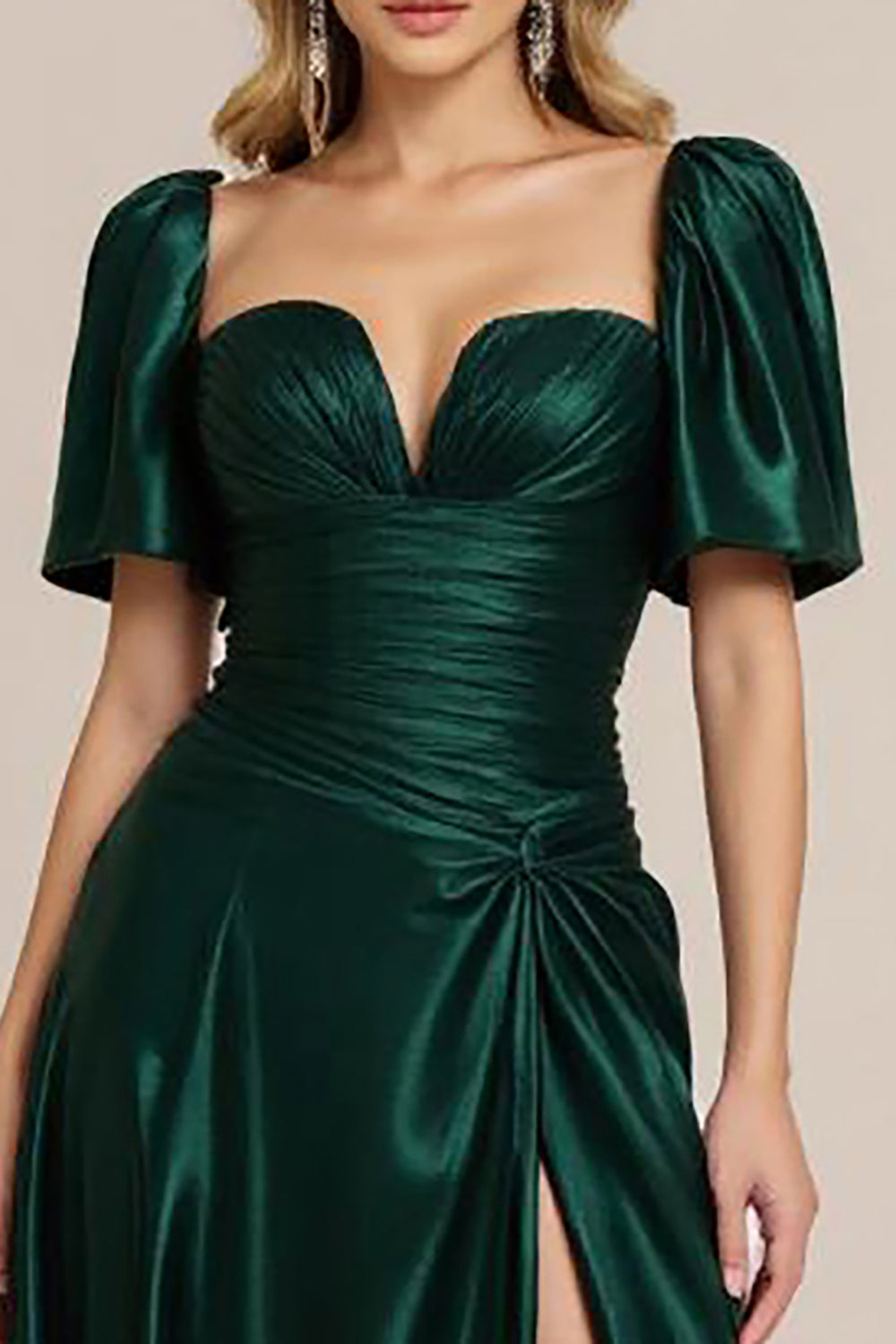 Elegant Dark Green A Line Ruched Long Satin Prom Dress with Slit