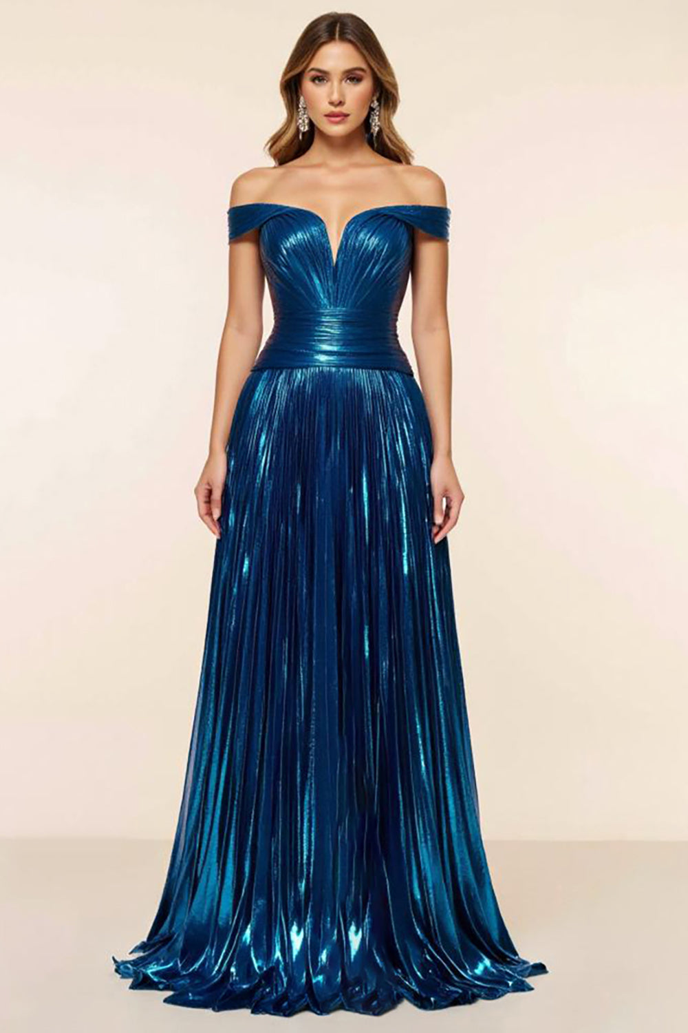 Metallic Peacock Blue A Line Pleated Off the Shoulder Long Prom Dress