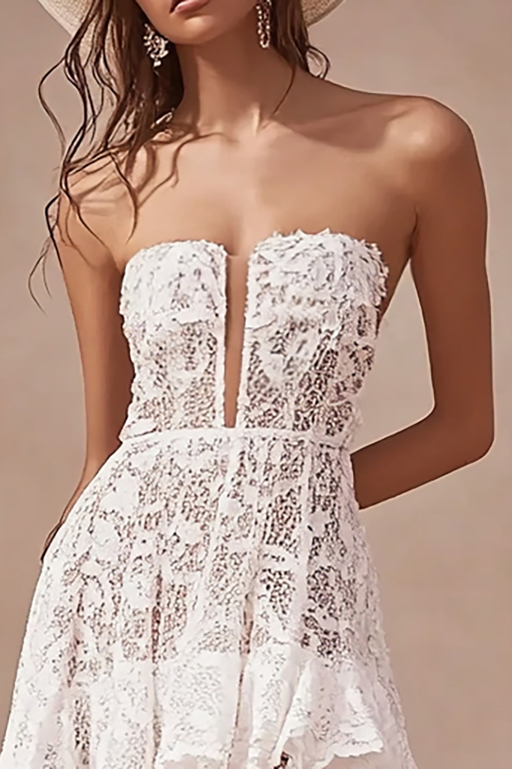 White Lace High-Low A Line V-Neck Boho Maxi Dress