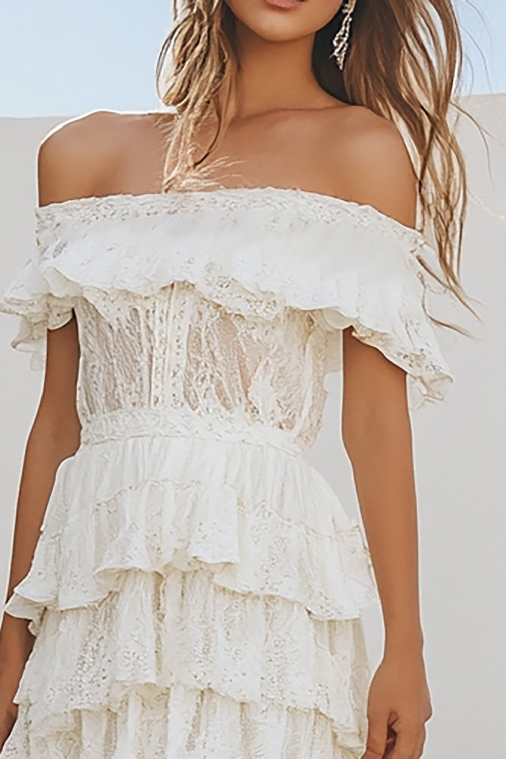 White Lace A Line Knee-Length Boho Graduation Dress with Ruffles