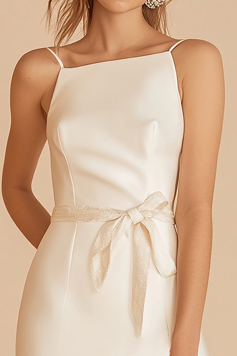 Ivory Spaghetti Straps Satin Short Graduation Dress with Sash