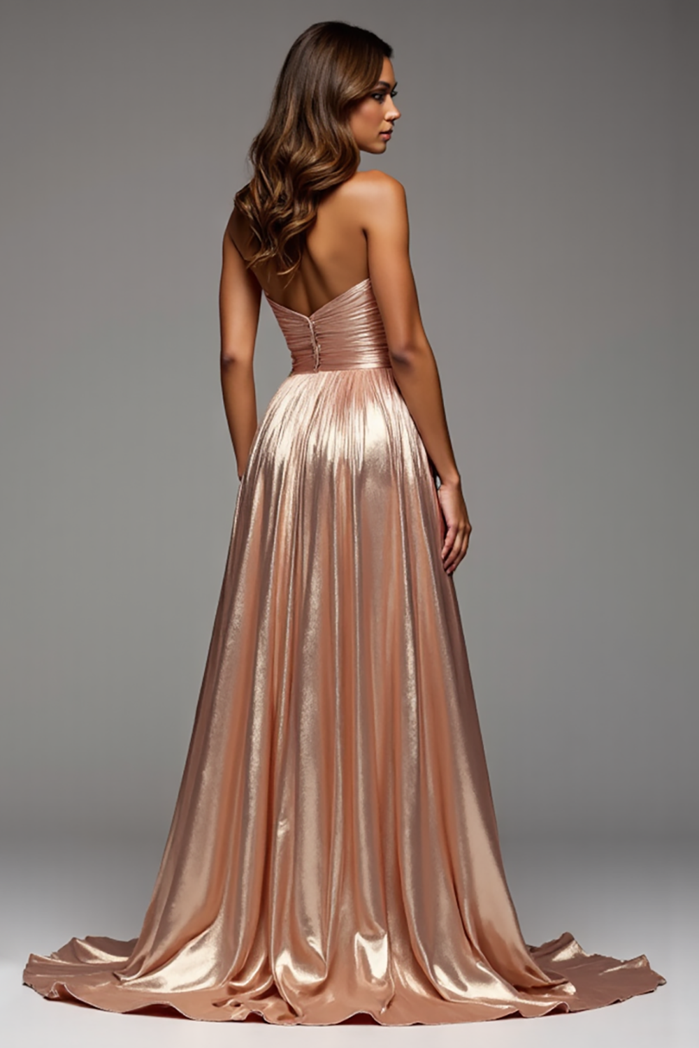 Champagne A Line Pleated Metallic Long Prom Dress with Slit