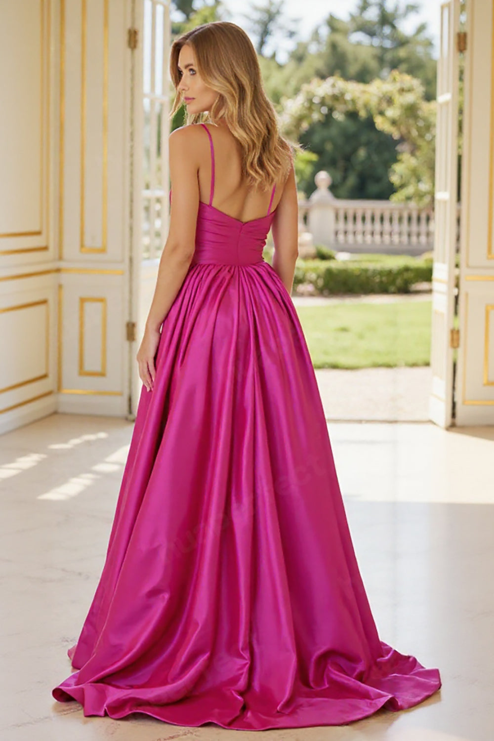 Fuchsia A Line Satin Spaghetti Straps Long Prom Dress with Slit