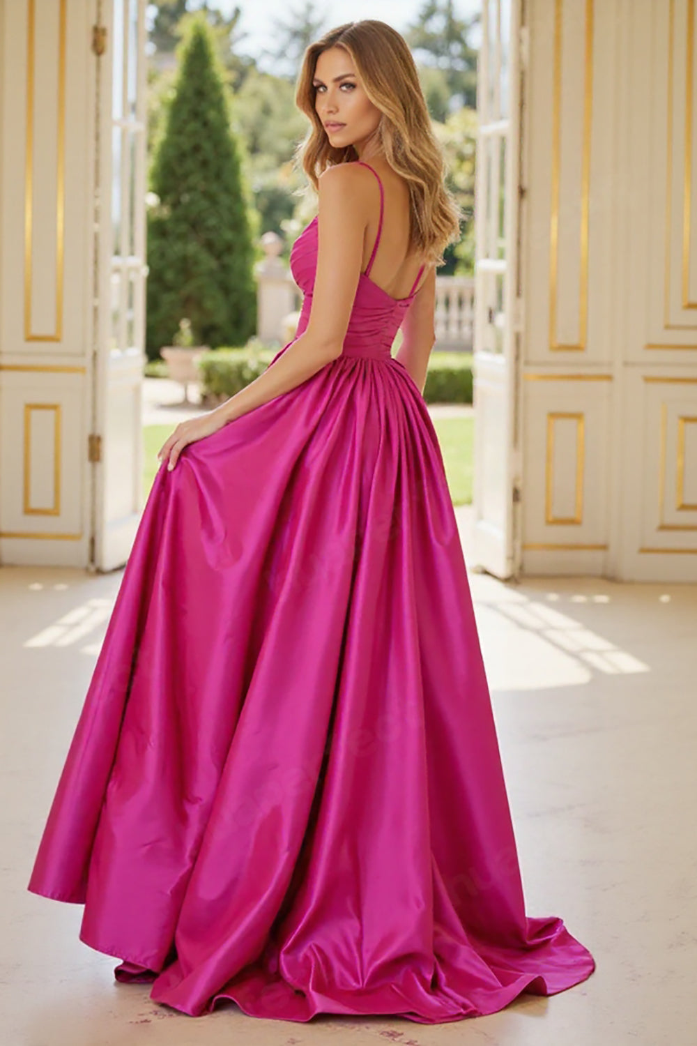 Fuchsia A Line Satin Spaghetti Straps Long Prom Dress with Slit