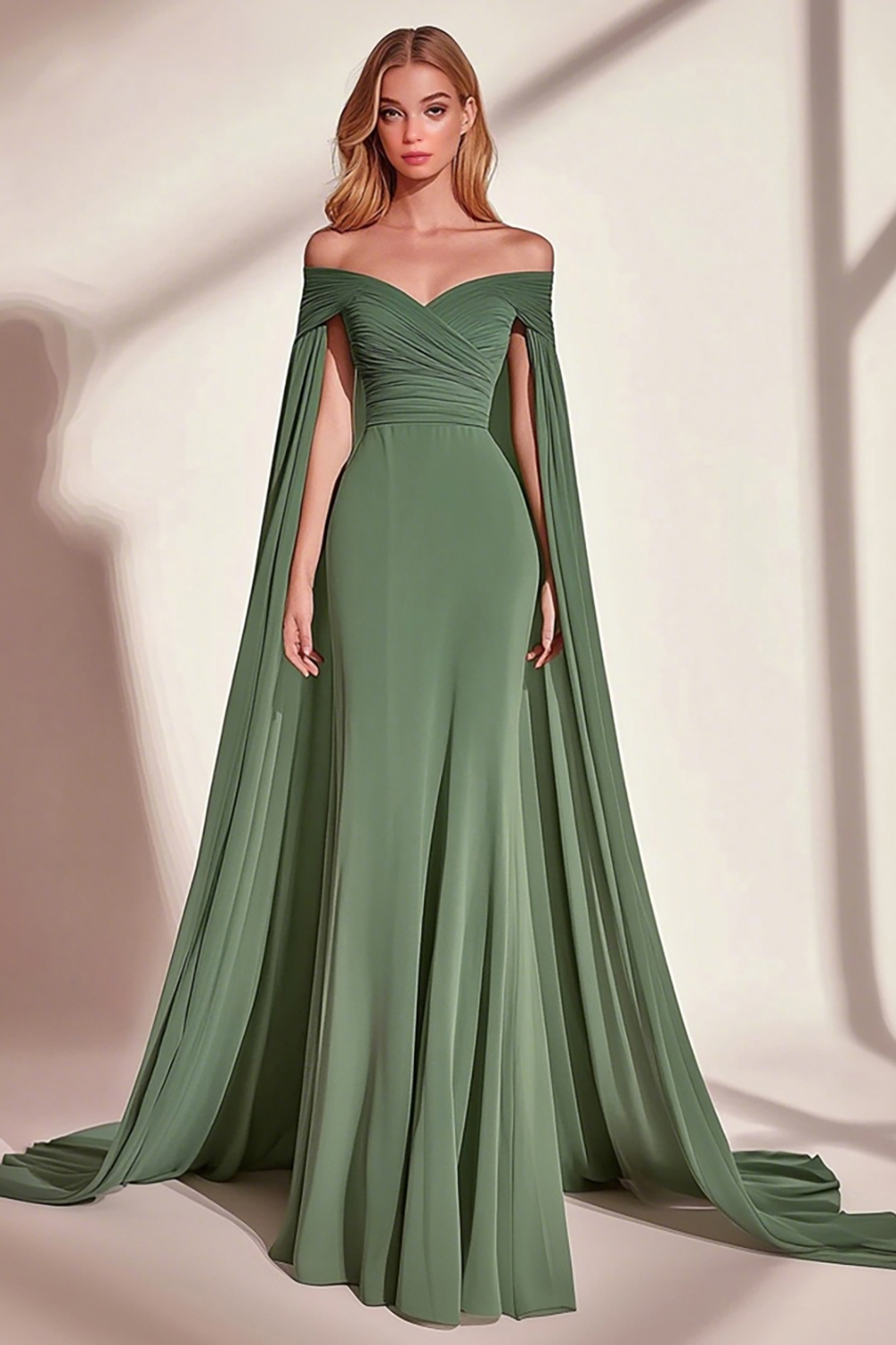 Eucalyptus Pleated Off the Shoulder Sheath Long Prom Dress with Cape
