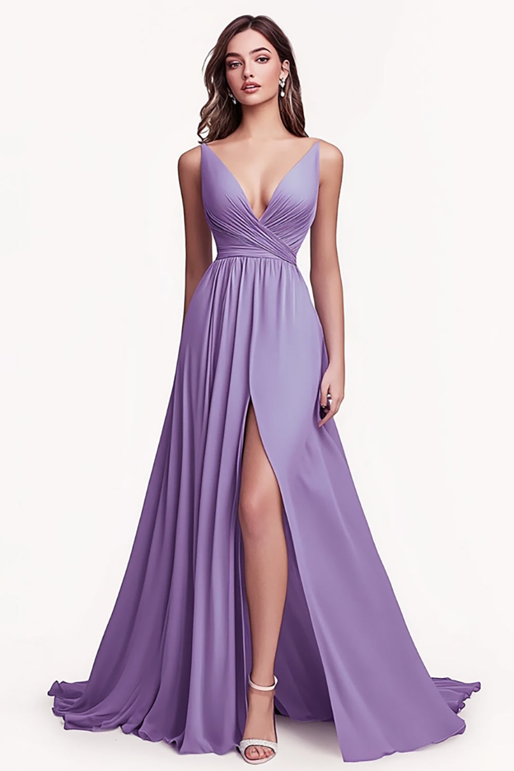 Lilac A Line Ruched Chiffon Long Prom Dress with Slit