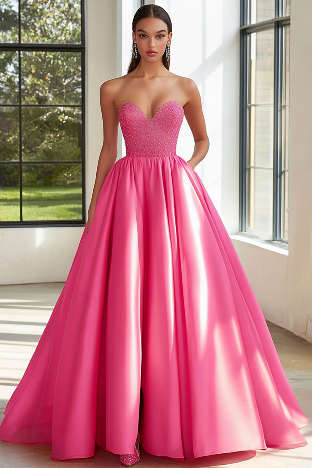 Sparkly Fuchsia Sweetheart Satin Ball Gown Long Prom Dress with Beading