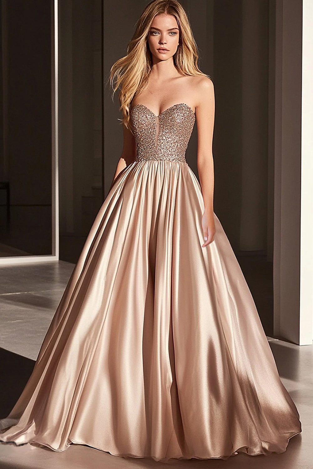 Sparkly Champagne A Line Sweetheart Ball Gown Long Prom Dress