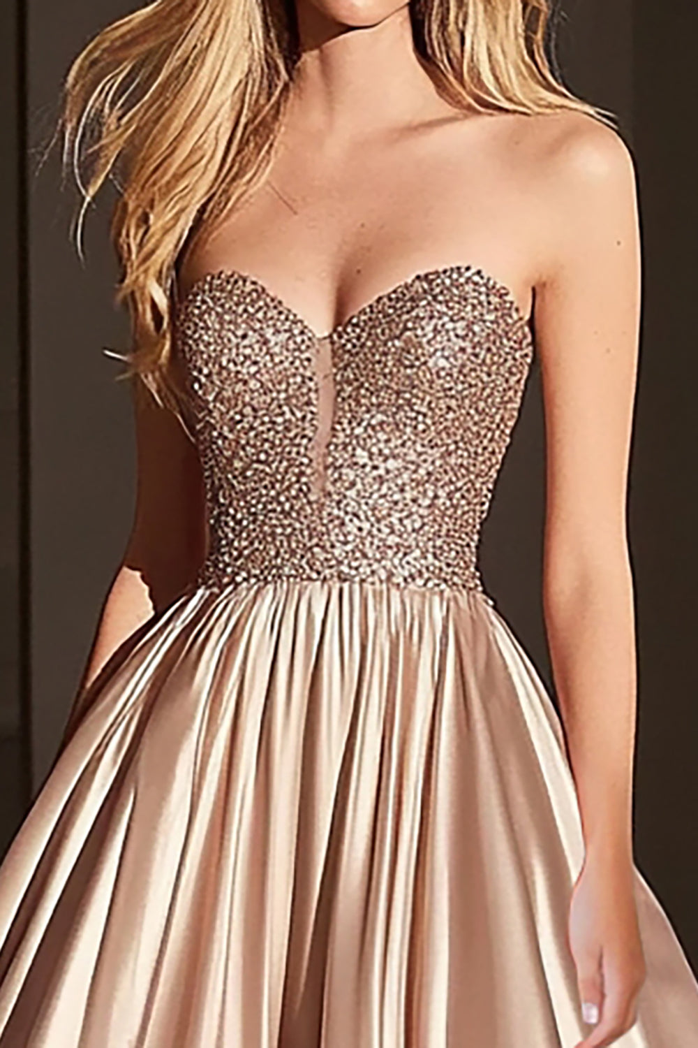 Sparkly Champagne A Line Sweetheart Ball Gown Long Prom Dress