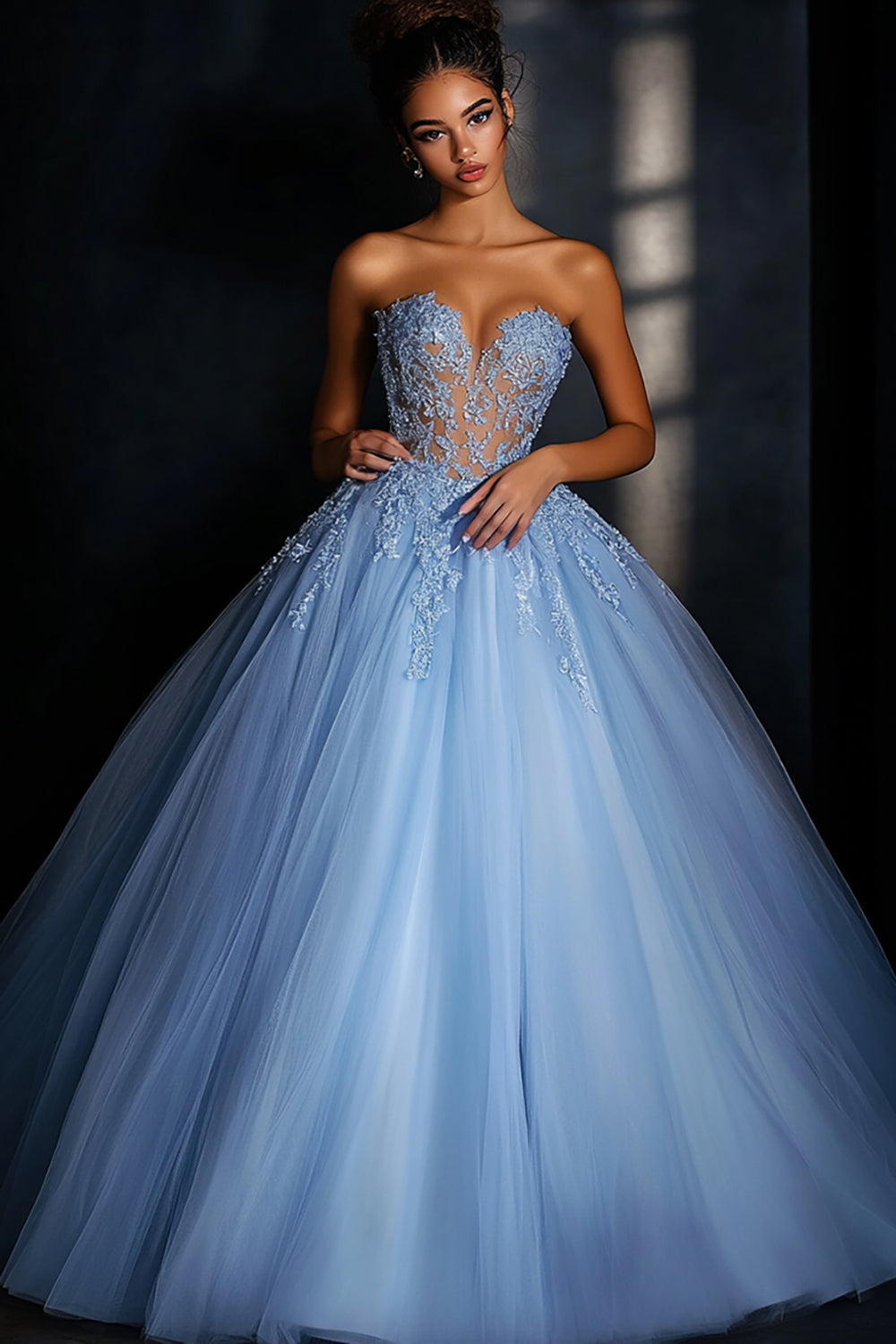 Blue Sweetheart Tulle Ball Gown A Line Long Prom Dress with Lace