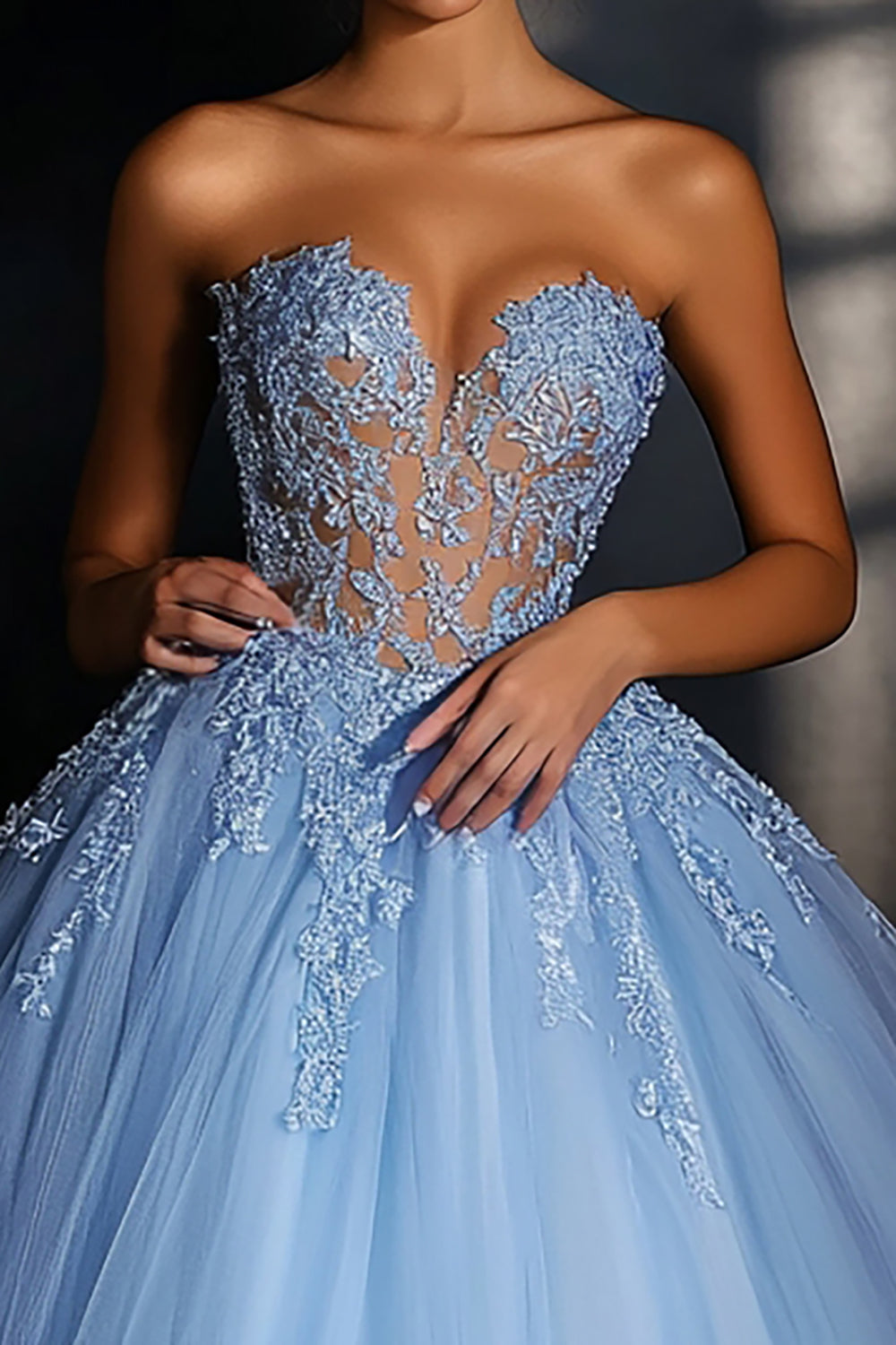 Blue Sweetheart Tulle Ball Gown A Line Long Prom Dress with Lace