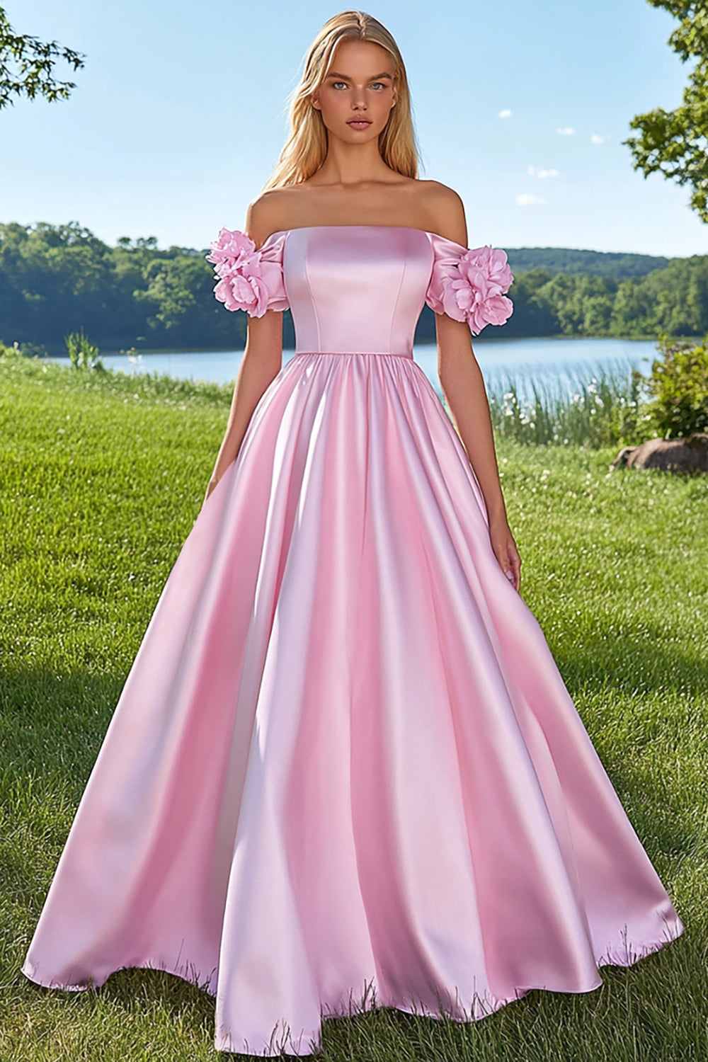 Hellymoon Women Pink Long Prom Dress with Flowers Satin Off the Shoulder Ball Gown Formal Dress