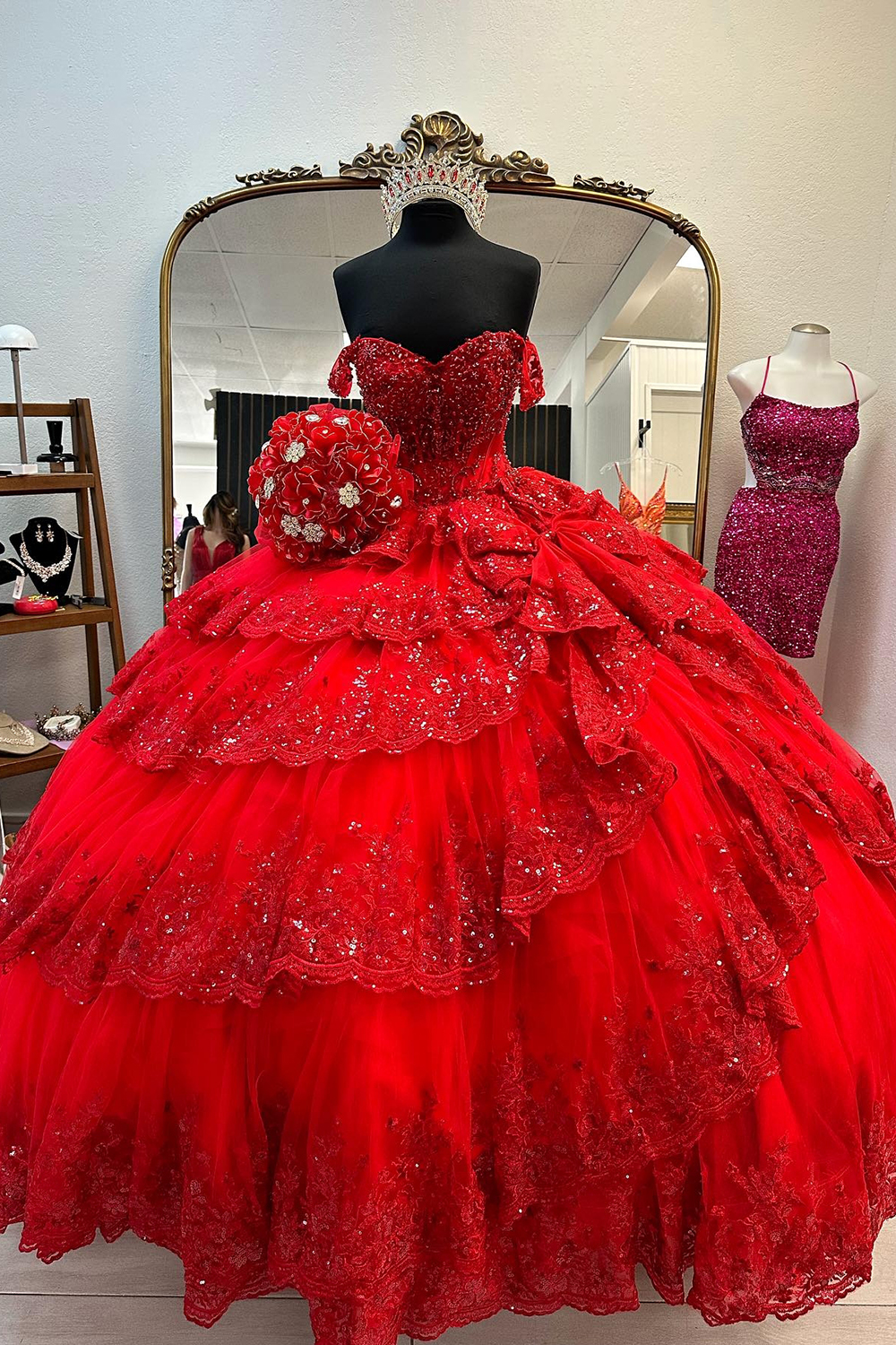 Sparkly Red Off the Shoulder Sequins Ball Gown Tulle Tiered Quinceanera Dress 