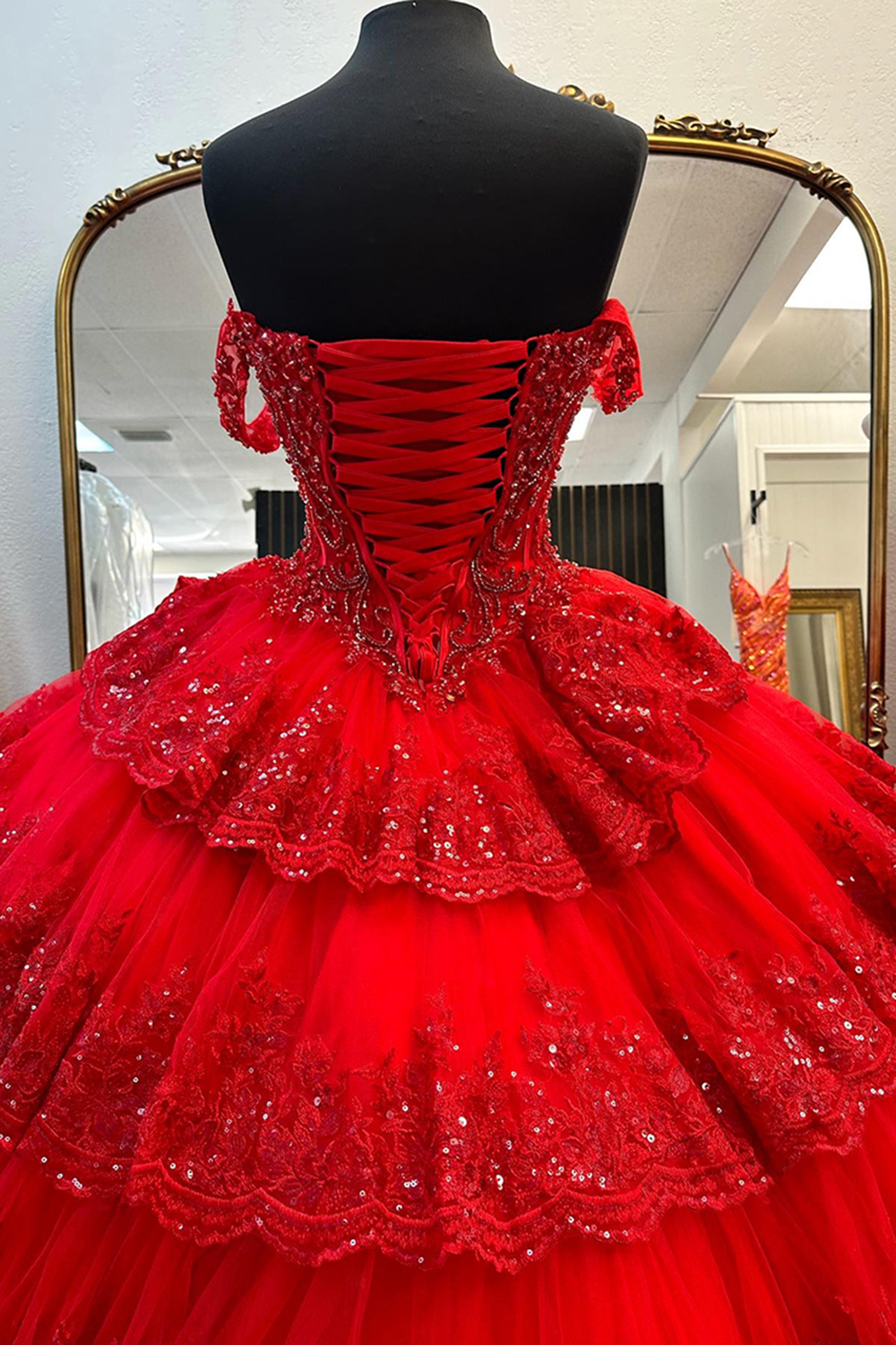 Sparkly Red Off the Shoulder Sequins Ball Gown Tulle Tiered Quinceanera Dress 