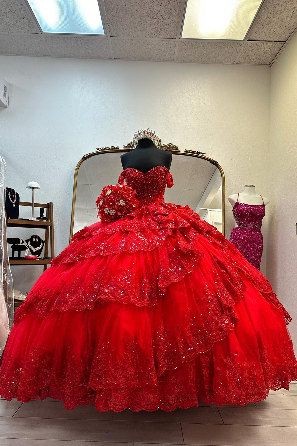 Sparkly Red Off the Shoulder Sequins Ball Gown Tulle Tiered Quinceanera Dress 