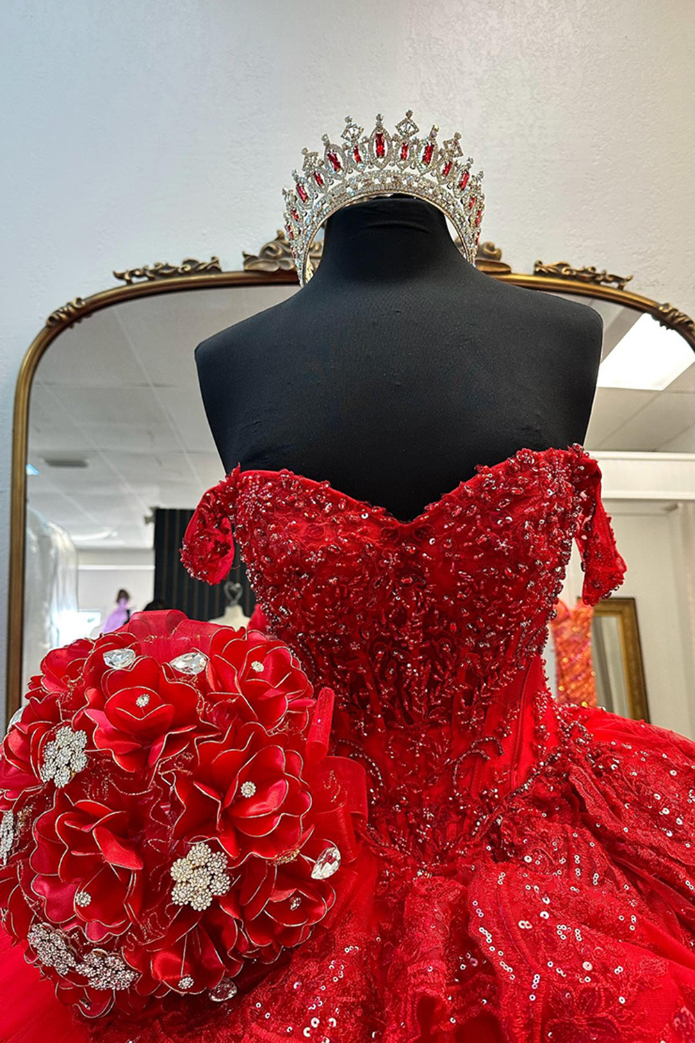 Sparkly Red Off the Shoulder Sequins Ball Gown Tulle Tiered Quinceanera Dress 