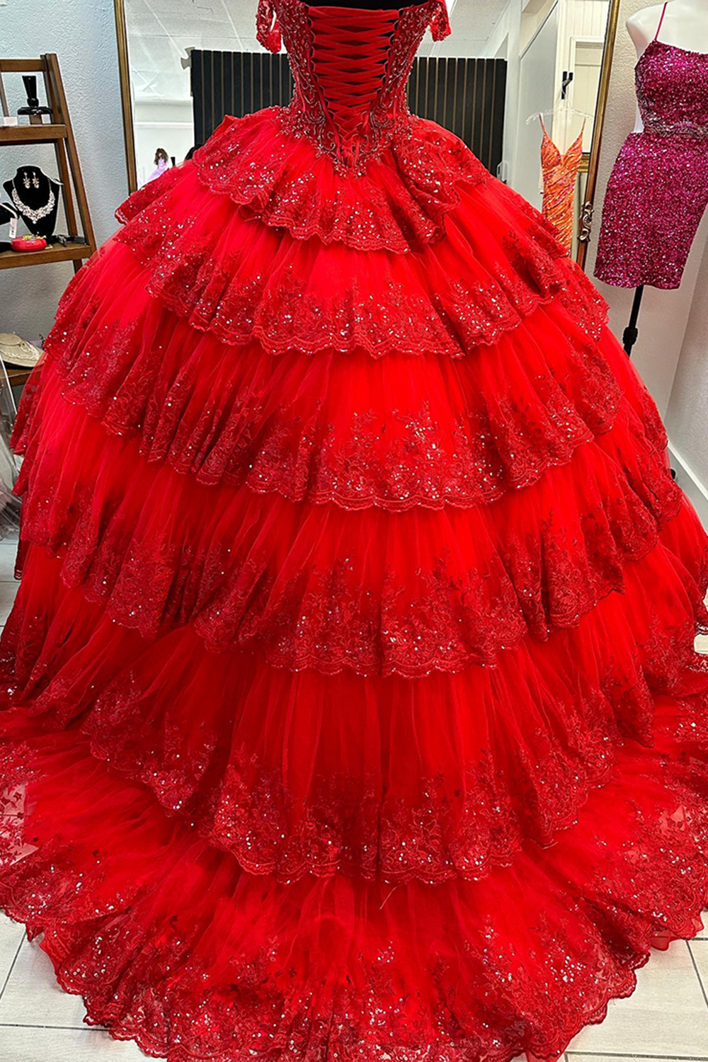 Sparkly Red Off the Shoulder Sequins Ball Gown Tulle Tiered Quinceanera Dress 