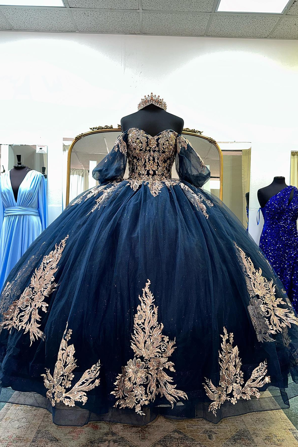 Navy Appliqued Tulle Sweetheart Ball Gown Quinceanera Dress