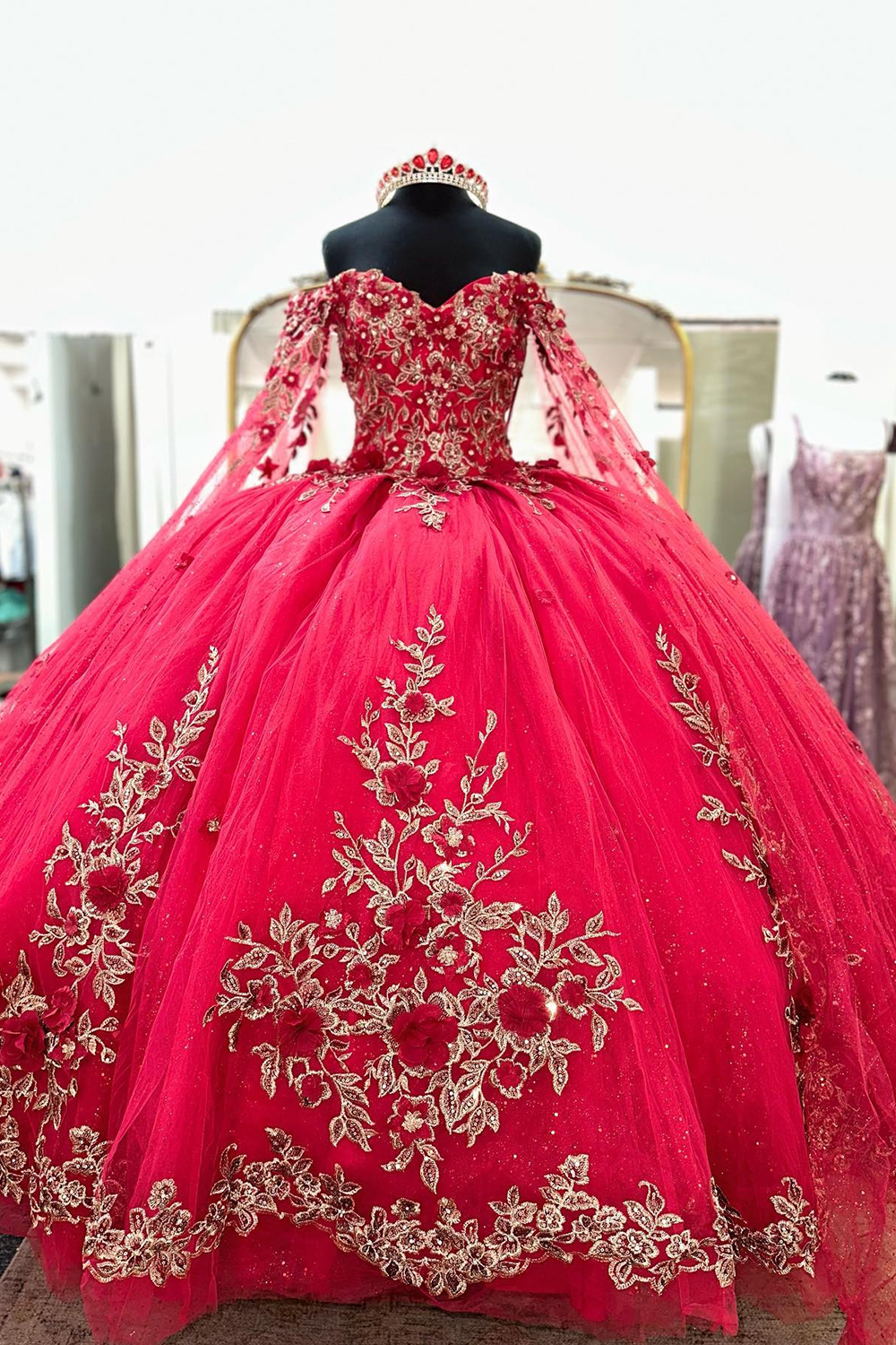 Red Sweetheart Ball Gown Tulle Quinceanera Dress with 3D Flowers