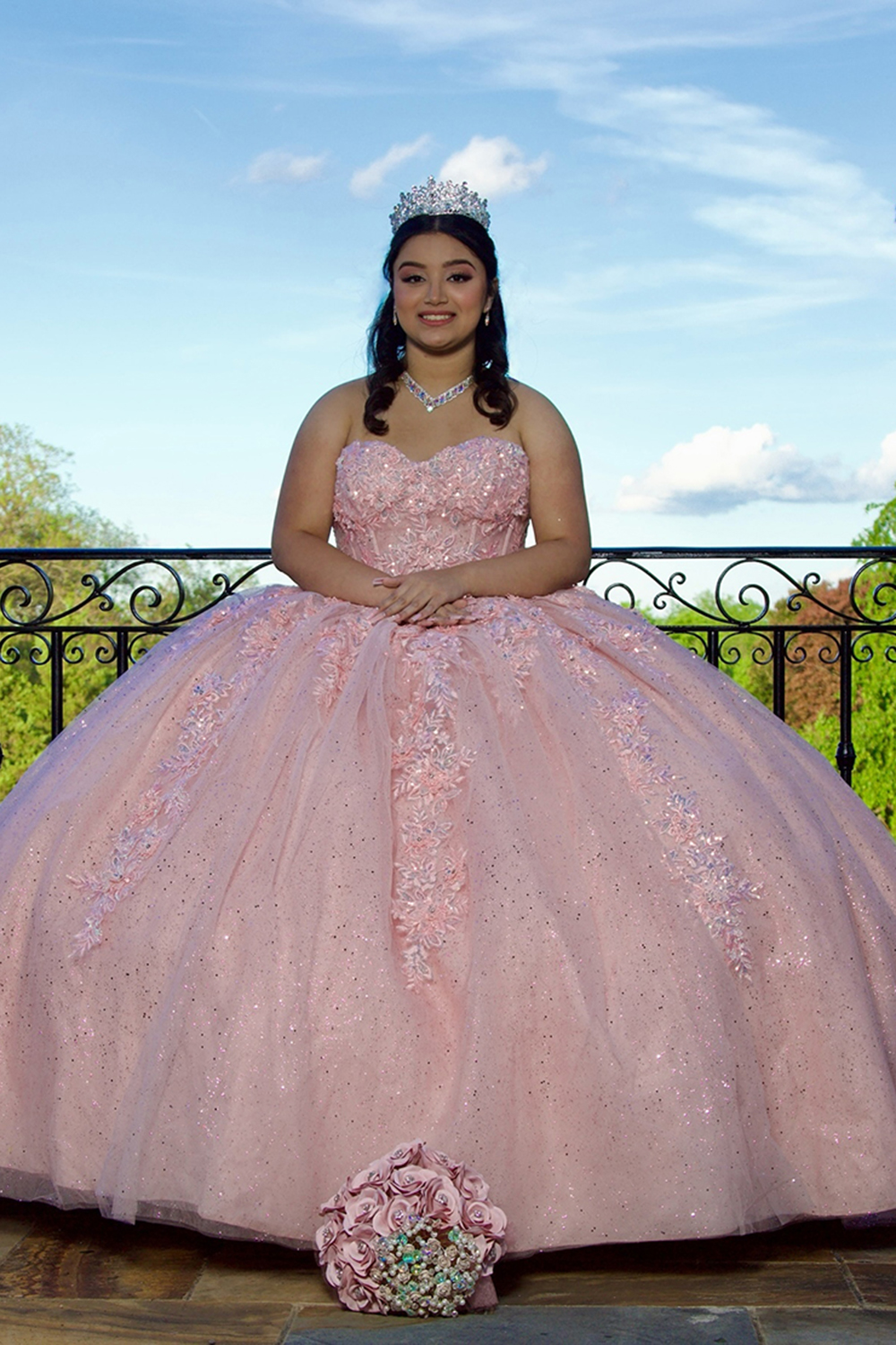 Pink Sweetheart Appliqued Sparkly Ball Gown Tulle Quinceanera Dress 