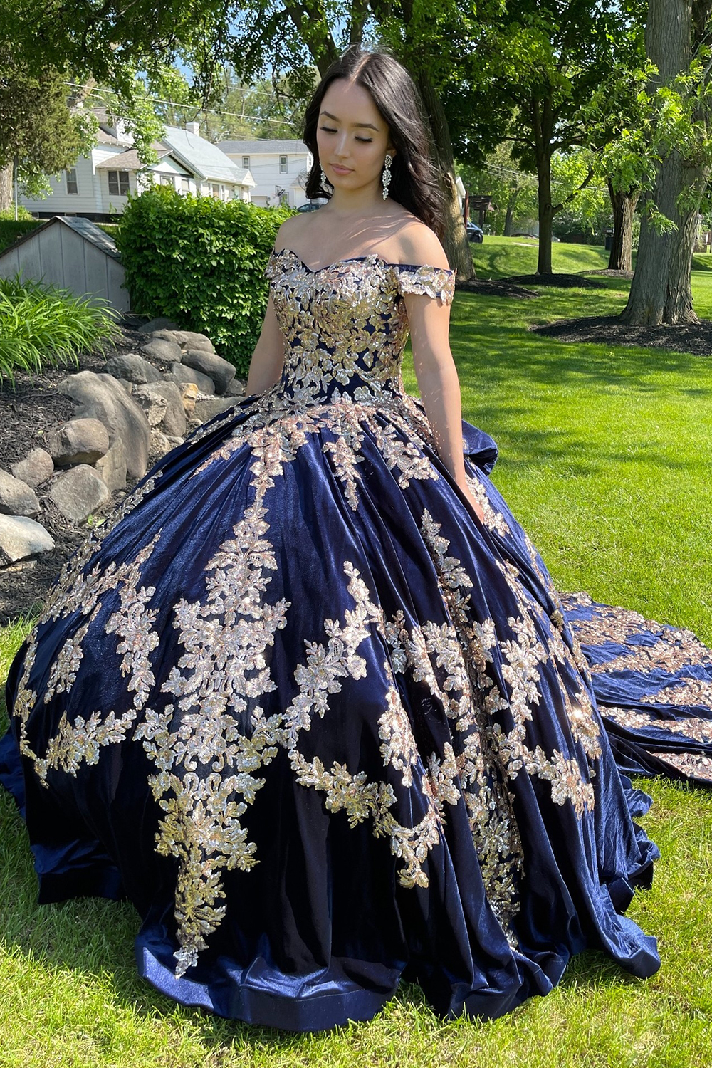 Navy Ball Gown Off the Shoulder Quinceanera Dress with Appliques