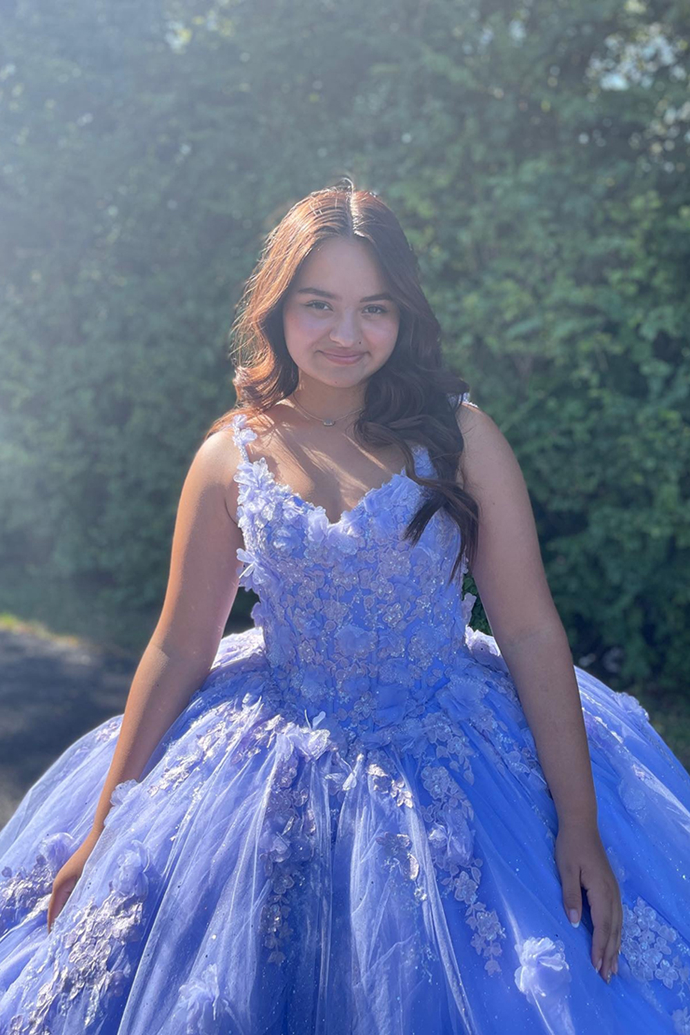 Purple Ball Gown Spaghetti Straps Sparkly Quinceanera Dress with 3D Flowers