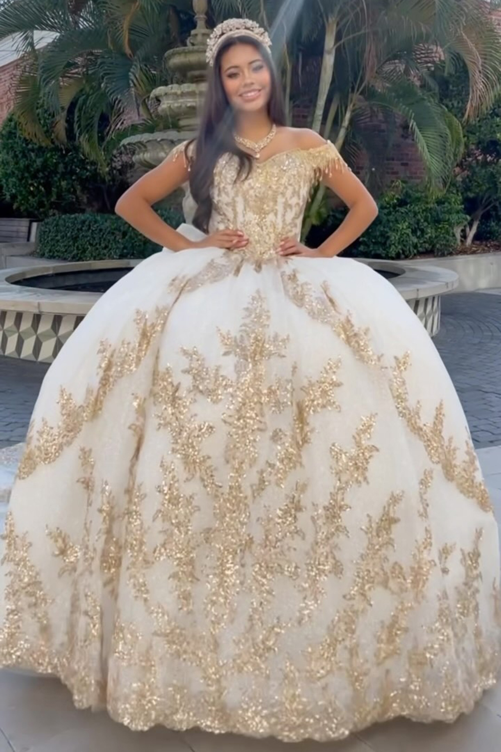 Sparkly White golden Ball Gown Quinceanera Dress with Appliques
