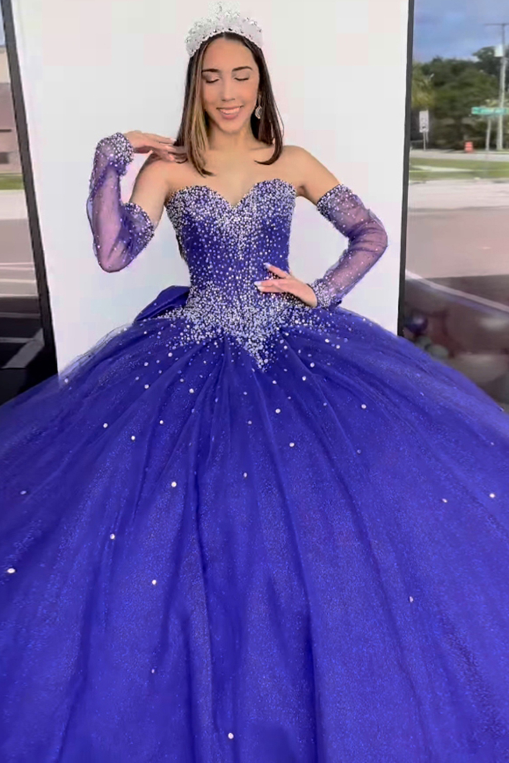 Dark Blue Ball Gown Tulle Sparkly Sweetheart Quinceanera Dress