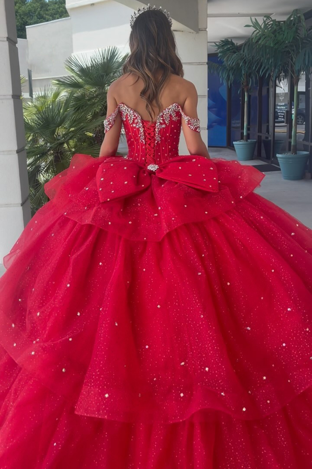 Sparkly Red Off the Shoulder Tiered Quinceanera Dress with Beading