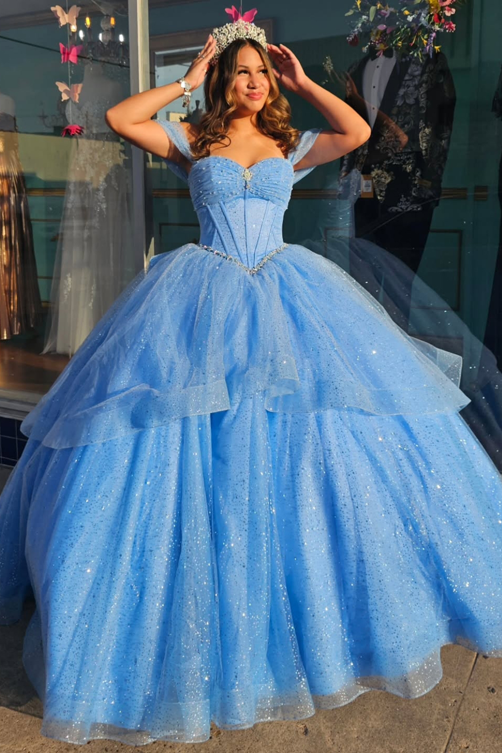 Sparkly Corset Blue Ball Gown Tiered Quinceanera Dress