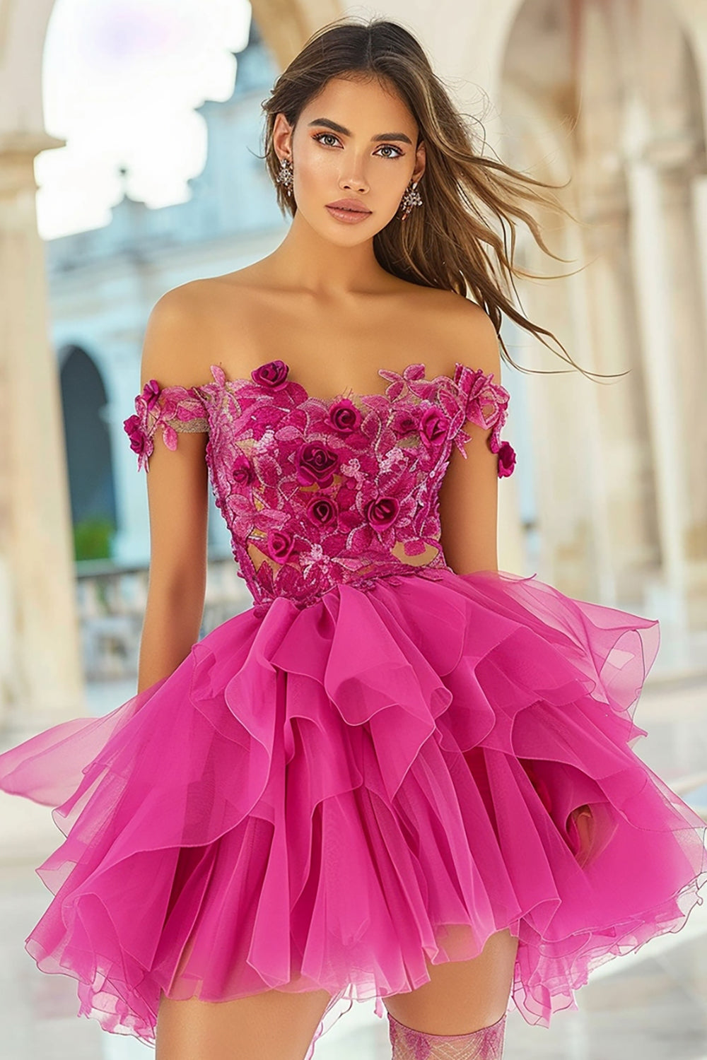 Floral Fuchsia Organza A Line Short Homecoming Dress with Appliques