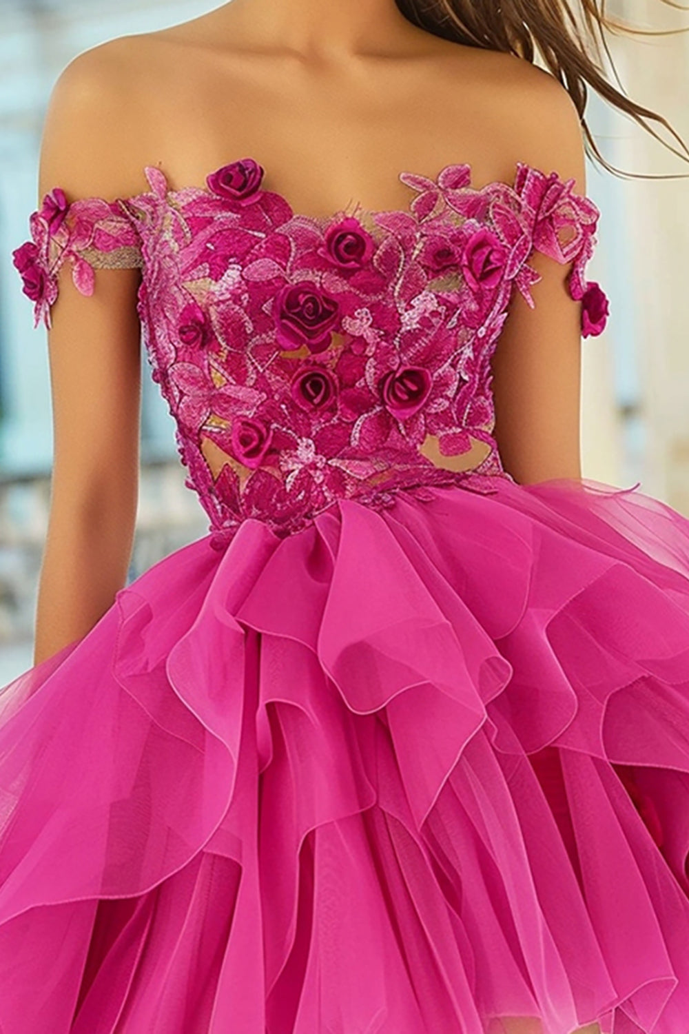 Floral Fuchsia Organza A Line Short Homecoming Dress with Appliques