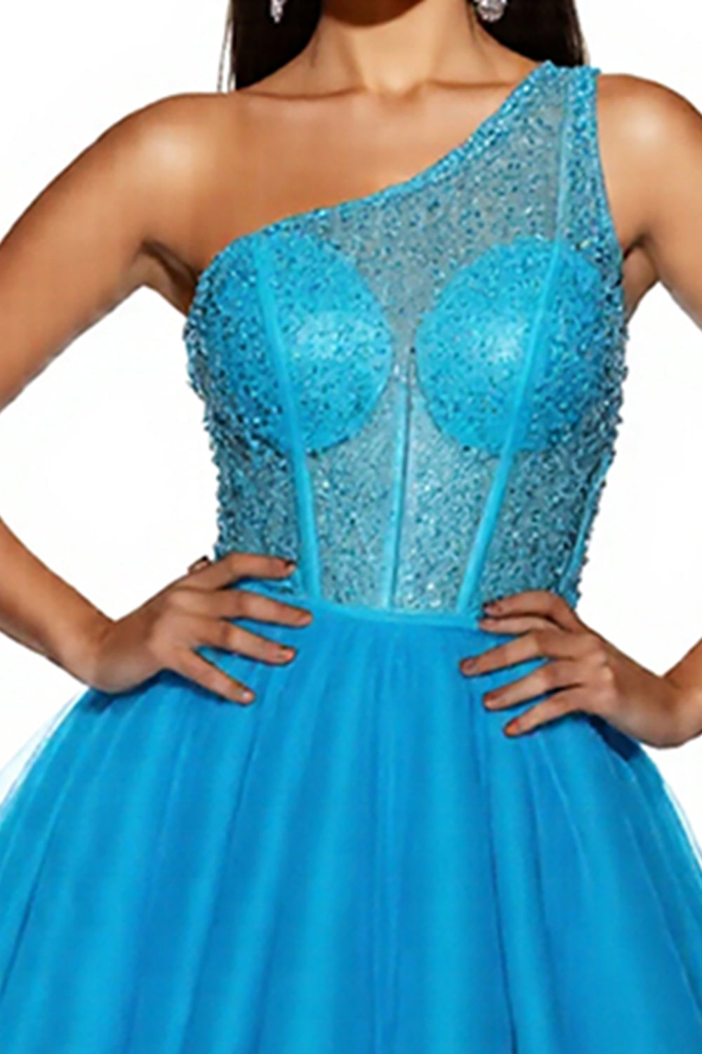 Sparkly Sky Blue Corset A Line One Shoulder Short Tulle Homecoming Dress
