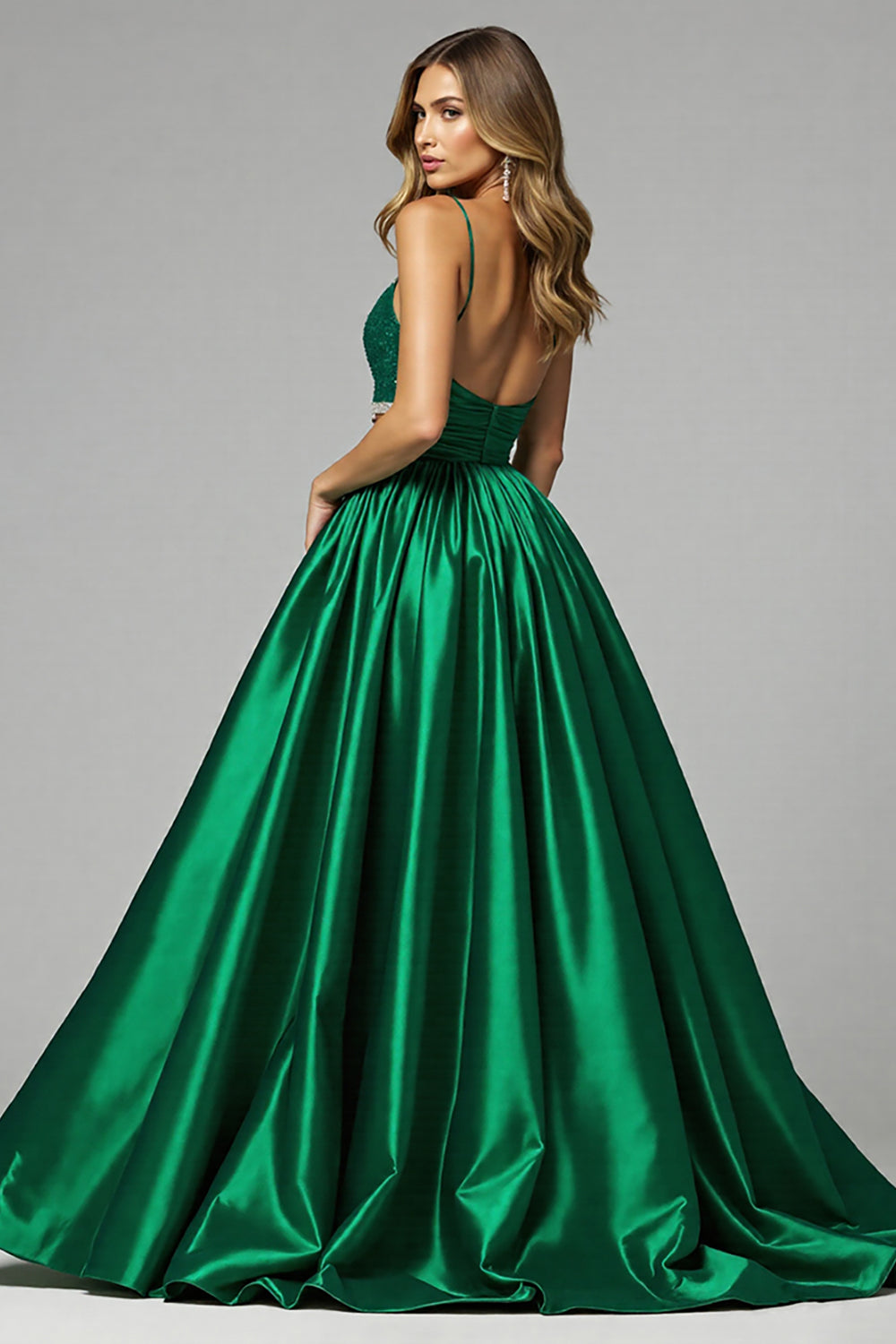 Sparkly Dark Green V-Neck A Line Long Prom Dress with Slit