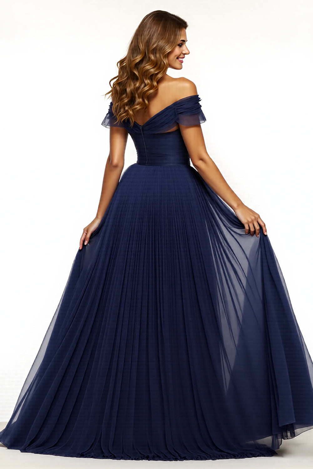 Navy Off the Shoulder A Line Long Prom Dress with Slit