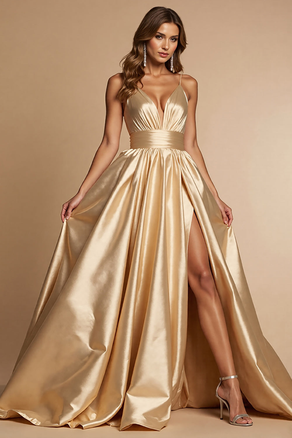Golden A Line Satin Spaghetti Straps Long Prom Dress with Slit