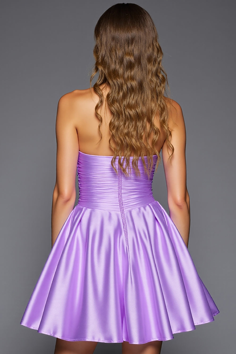 Purple Satin Short Strapless Homecoming Dress with 3D Flowers