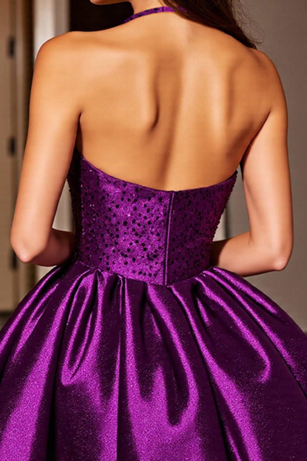 Sparkly Dark Purple Halter A Line Short Sequins Homecoming Dress