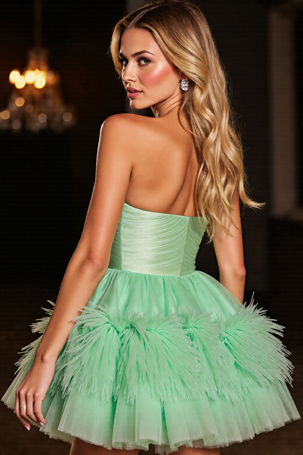 Green Corset Tulle Strapless Short Homecoming Dress with Feathers