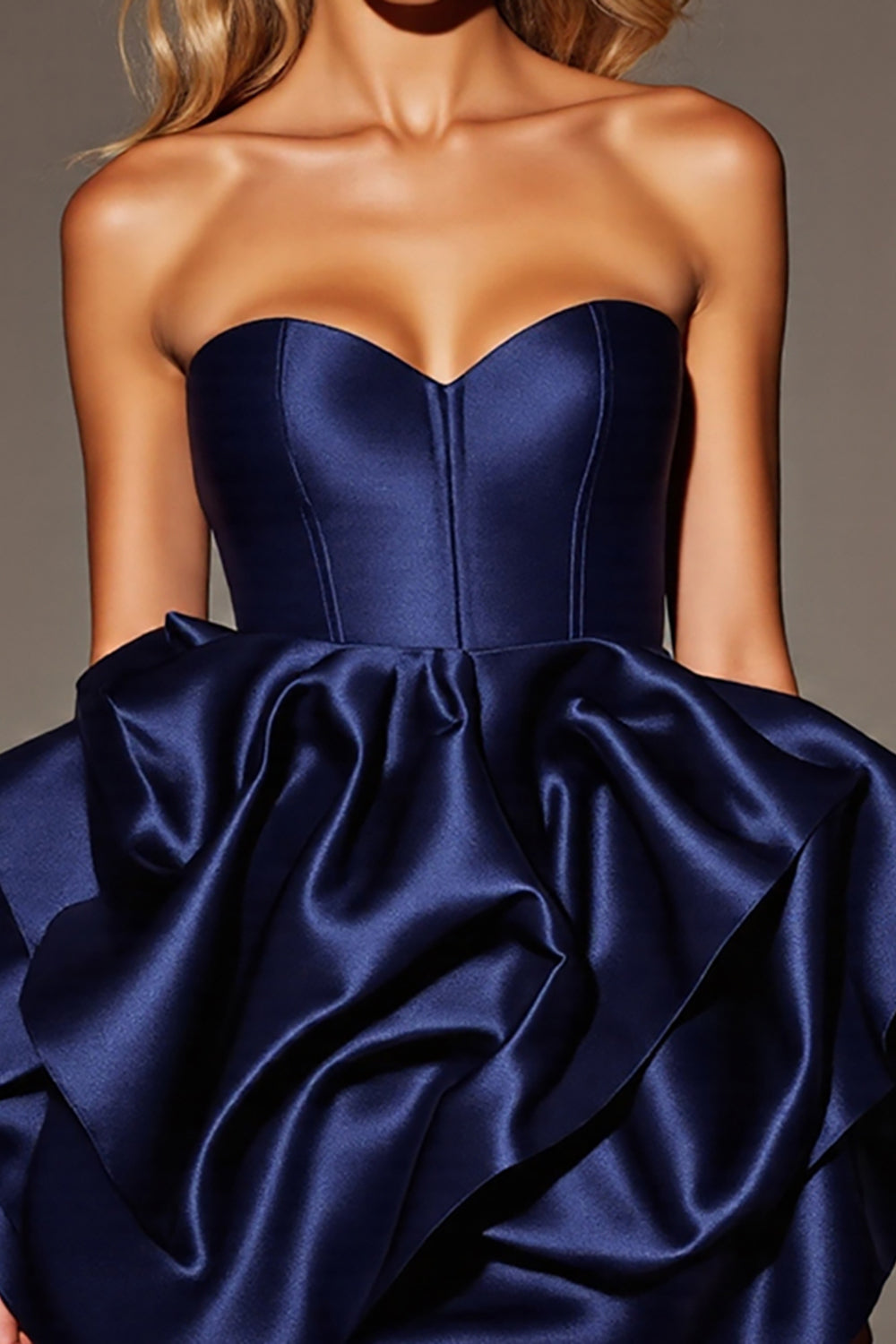 Navy Satin A Line Short Corset Homecoming Dress with Ruffles