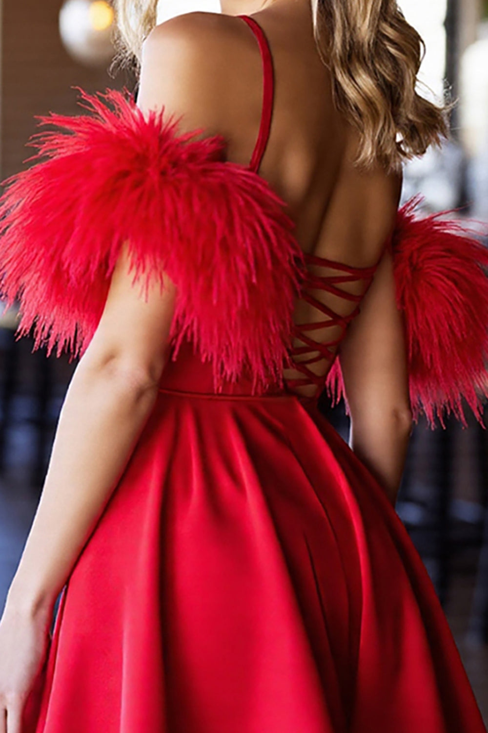 Red Corset A Line Satin Short Homecoming Dress with Feathers