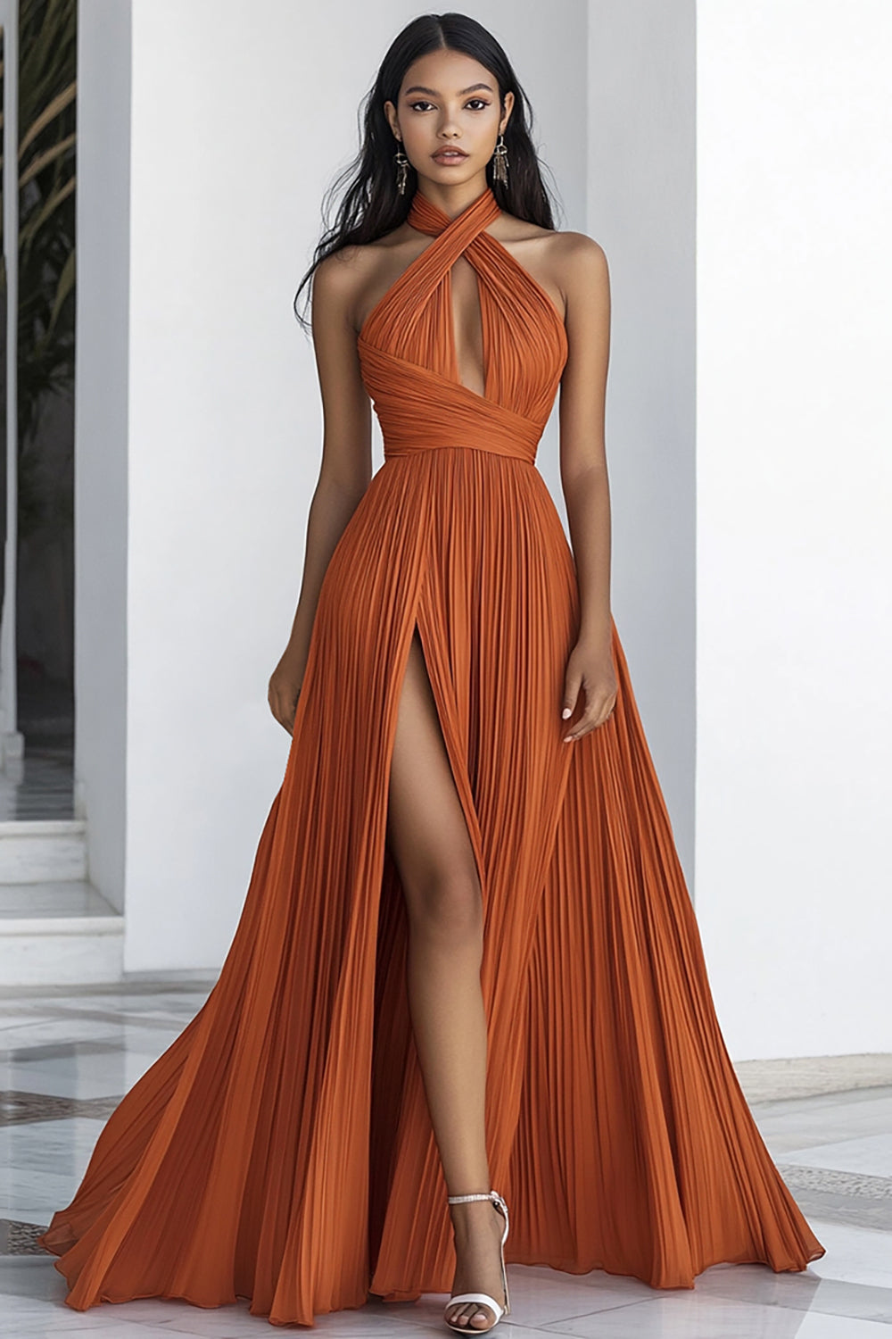 Orange A Line Chiffon Neck Pleated Halter Formal Dress with Slit