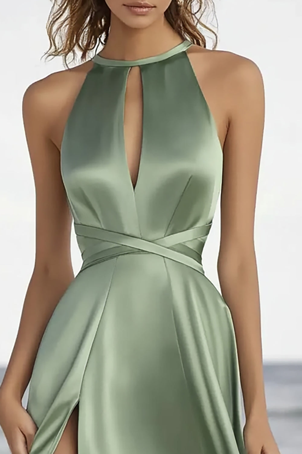 Dusty Sage High Neck Satin Semi Formal Dress with Slit