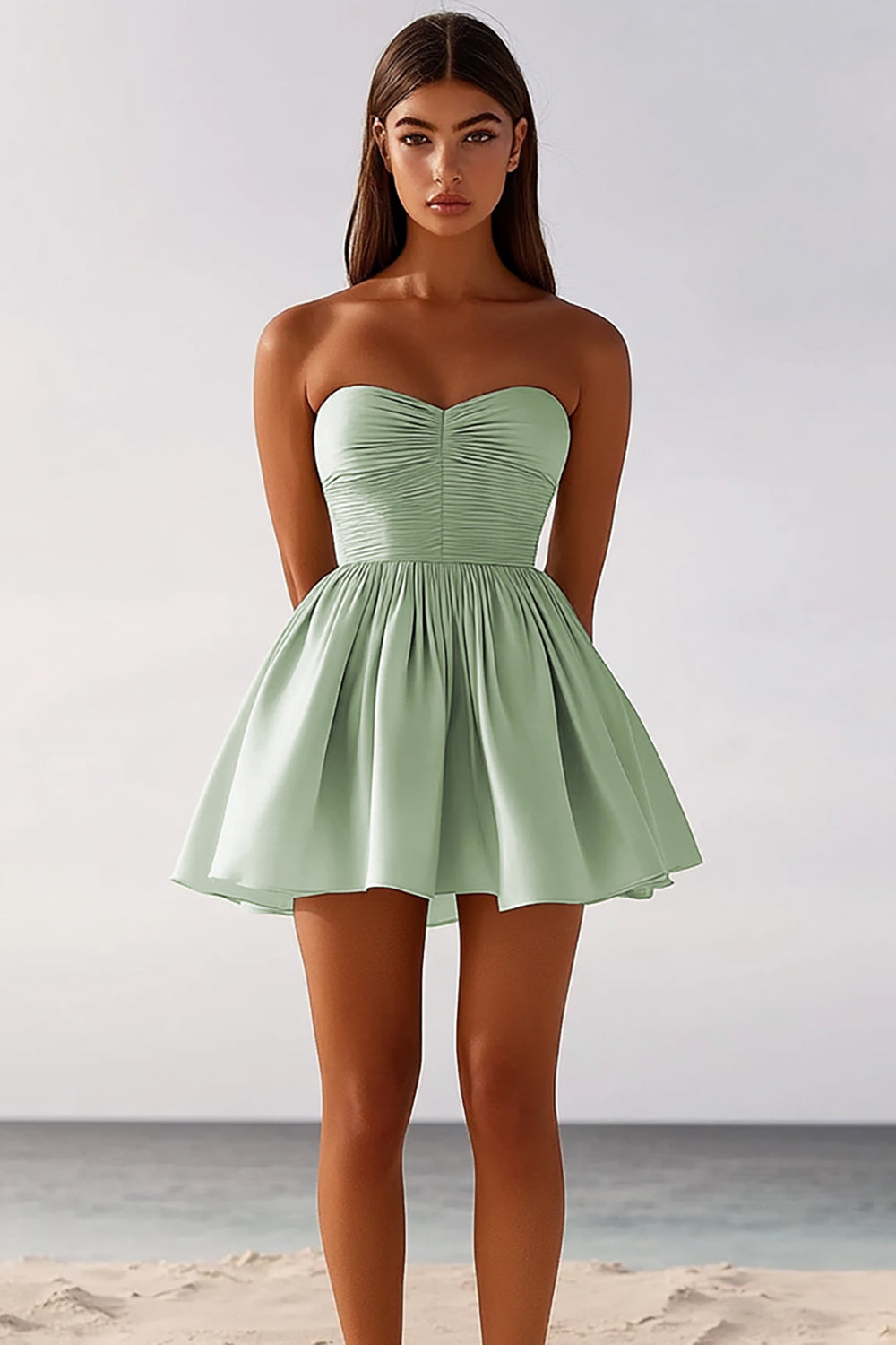 Sage Green Satin Strapless A-Line Short Graduation Dress