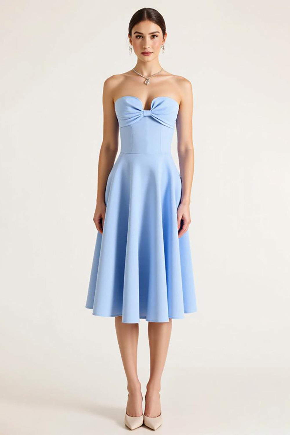 Sky Blue Satin A Line Midi Graduation Dress with Bow