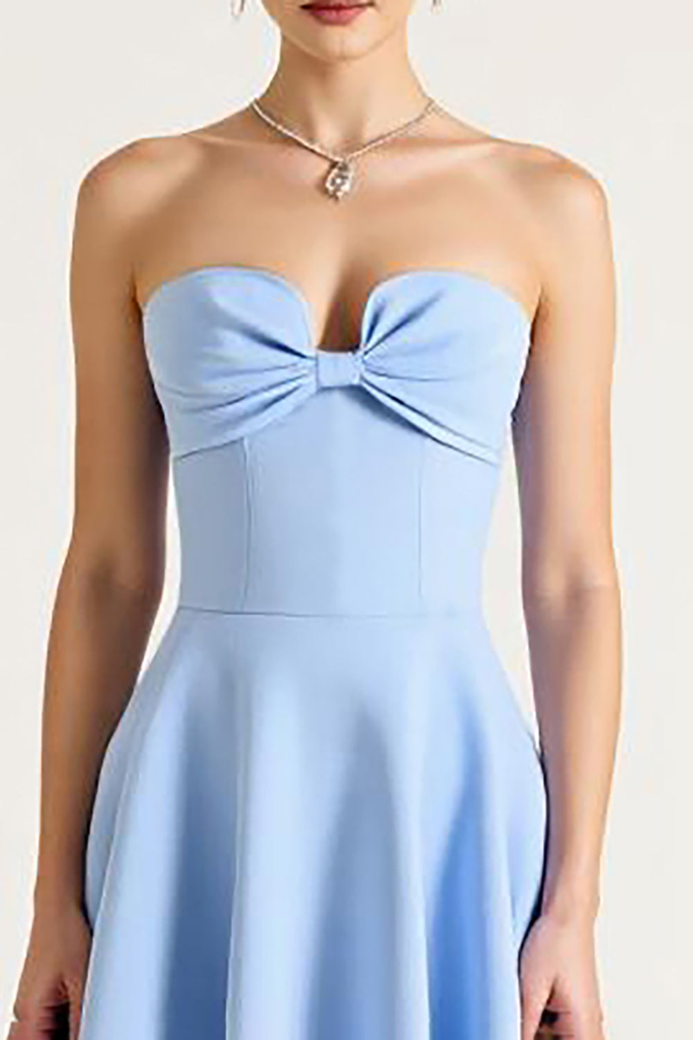 Sky Blue Satin A Line Midi Graduation Dress with Bow