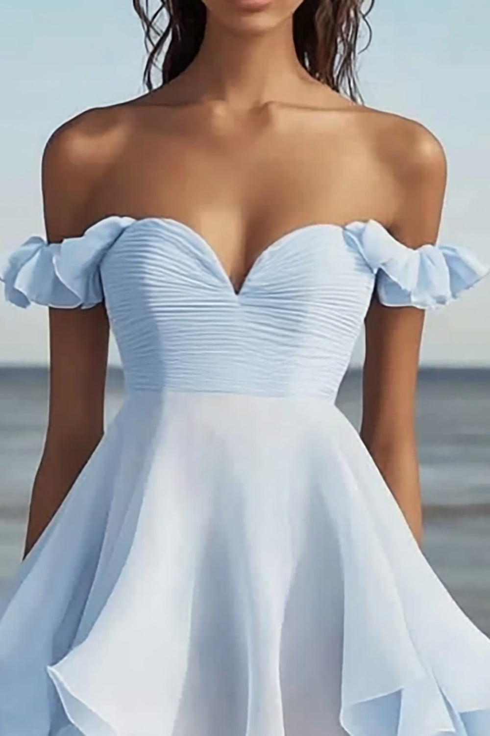 Sky Blue Ruched Chiffon A Line Short Graduation Dress with Ruffles