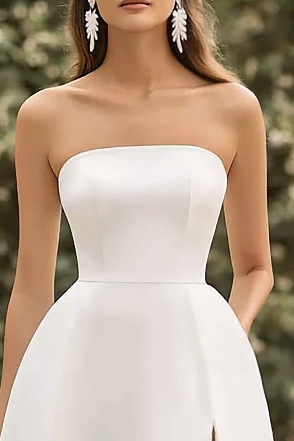 White Satin A Line Strapless Graduation Dress with Slit