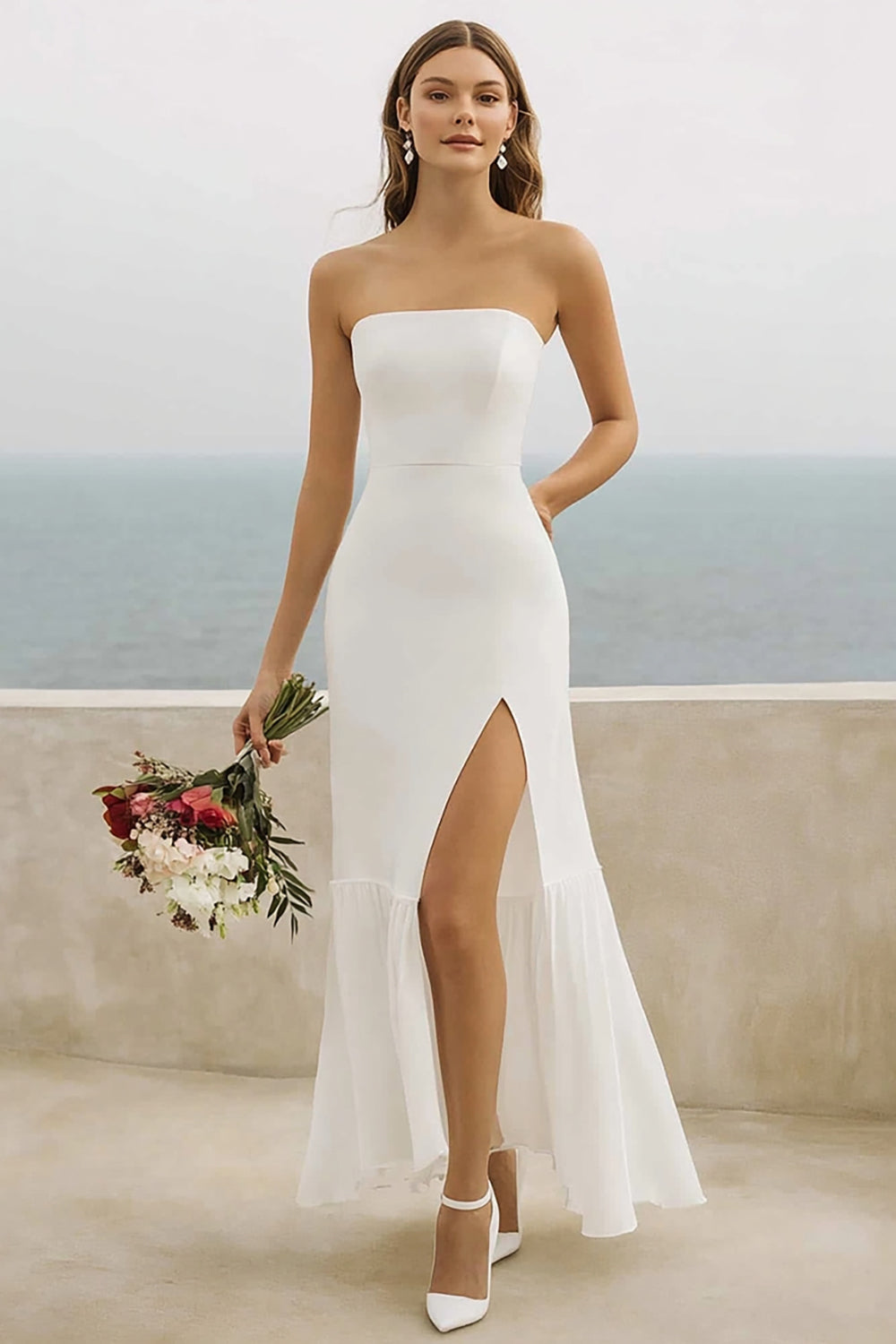 White Chiffon Mermaid Strapless Long Engagement Dress with Slit